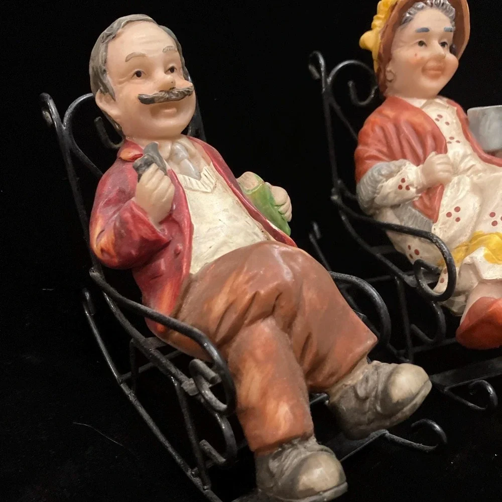 Vintage Grandma Grandpa Metal Rocking Chairs Resin Figurines 1:12 Scale Set of 2